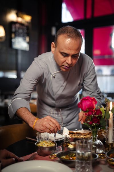Valentine’s romantic candle lit dining menu at Jamavar Restaurant Berkeley Square Mayfair celebrations, candlelight flickers across the dining room.